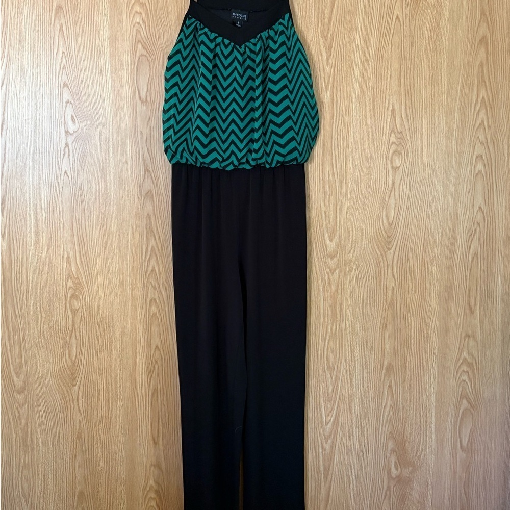 Enfocus Studio Black and Teal Chevron Jumpsuit